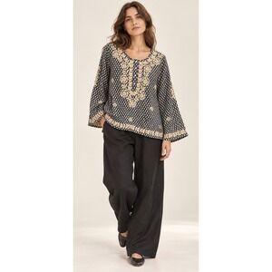 Maison Hotel Embroidered Cotton Blouse Women's M Navy Cream Boho quiet luxury